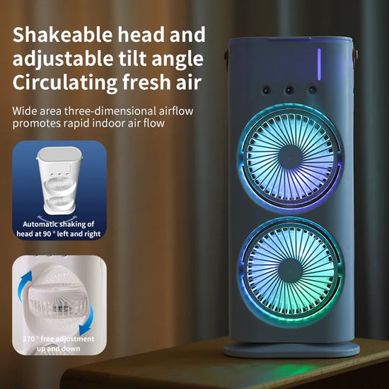 Double-Head Spray Fan with Humidifier – 3-Speed, USB Powered with