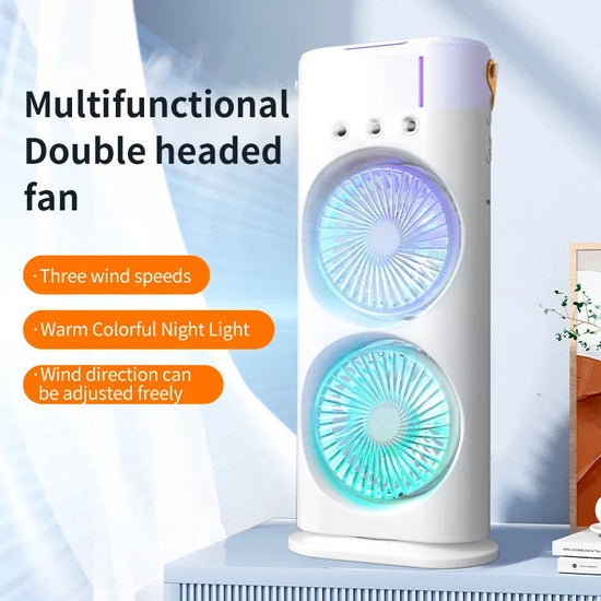 Double-Head Spray Fan with Humidifier – 3-Speed, USB Powered with